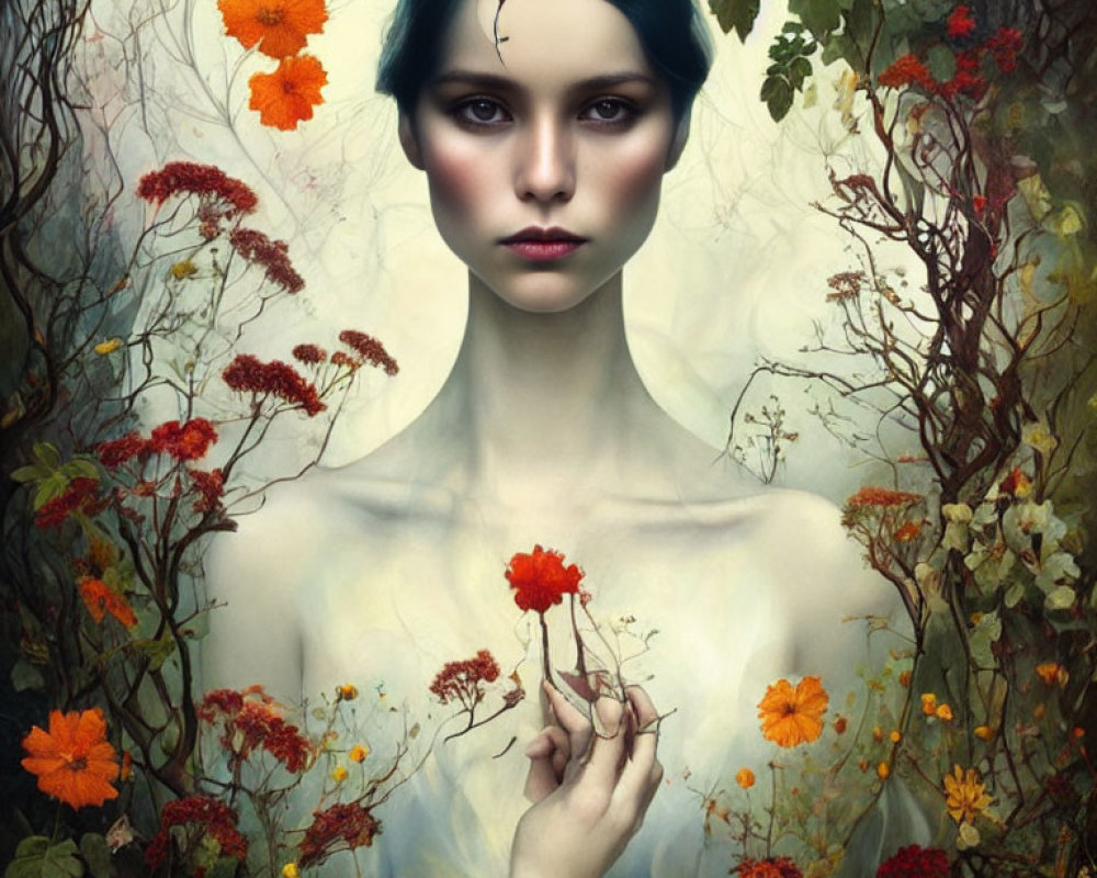 Portrait of Woman with Pale Skin and Blue Hair Among Red and Orange Flowers