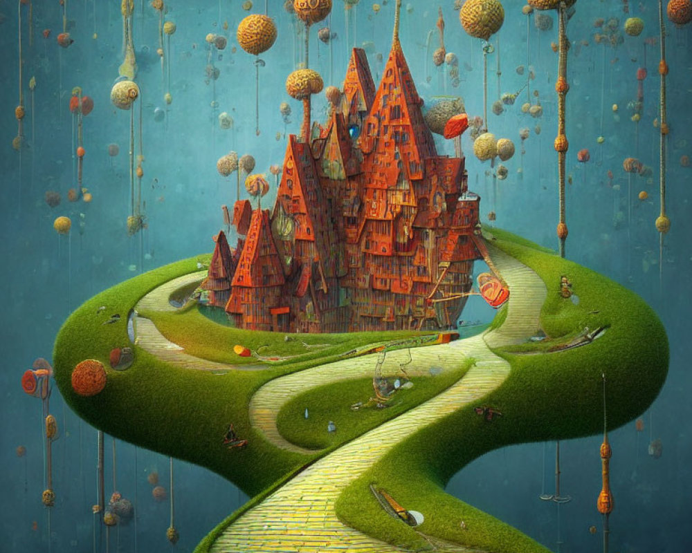 Fantasy landscape with orange-roofed castle, yellow brick road, floating islands, and blue sky