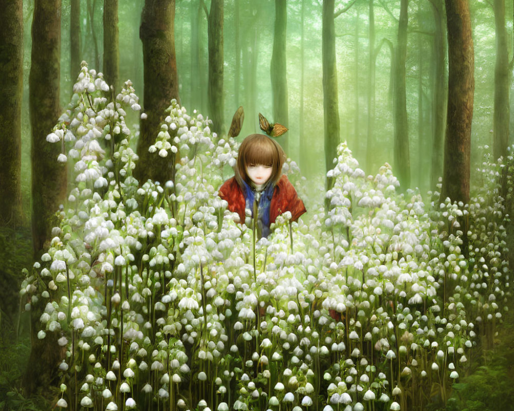 Child in Red Cloak Surrounded by White Flowers in Misty Forest