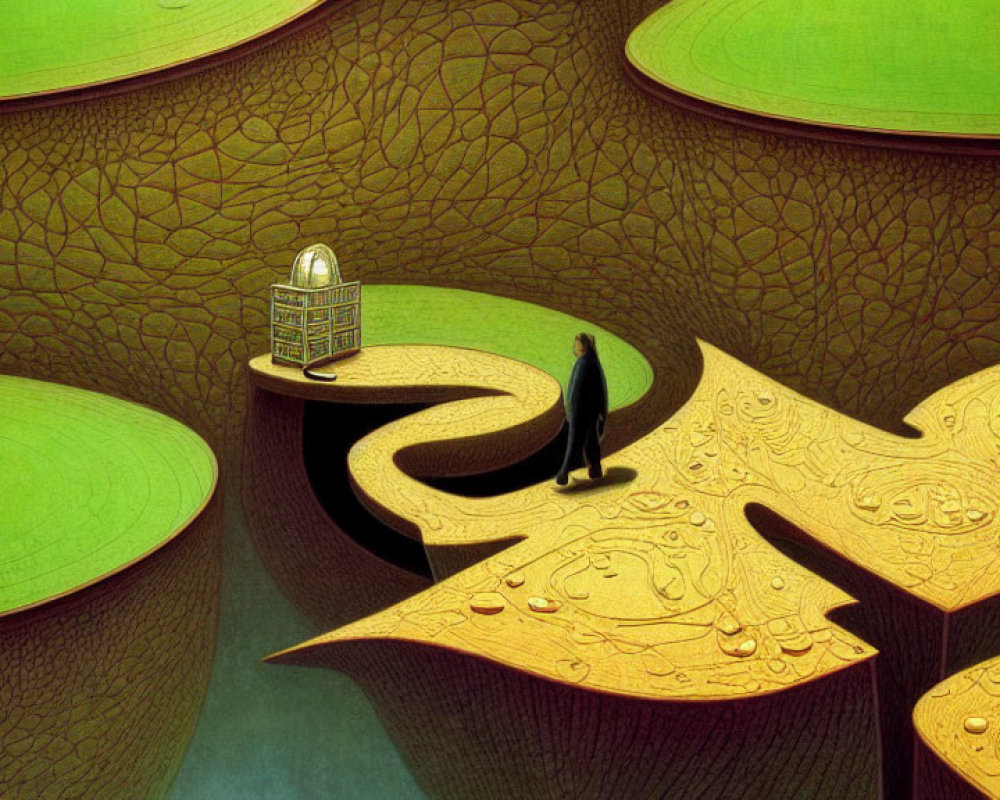 Surrealist illustration of figure on cracked landscape with floating islands and empty cage