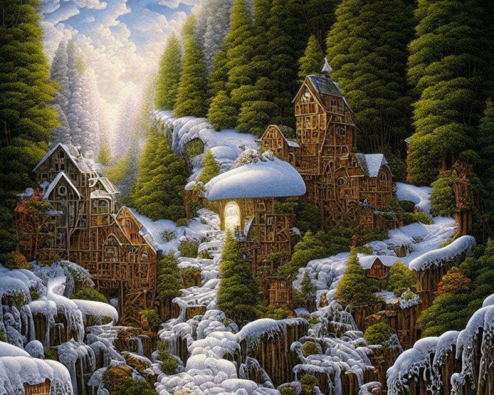 Snow-covered fantasy woodland with illuminated cottages nestled among frosted trees