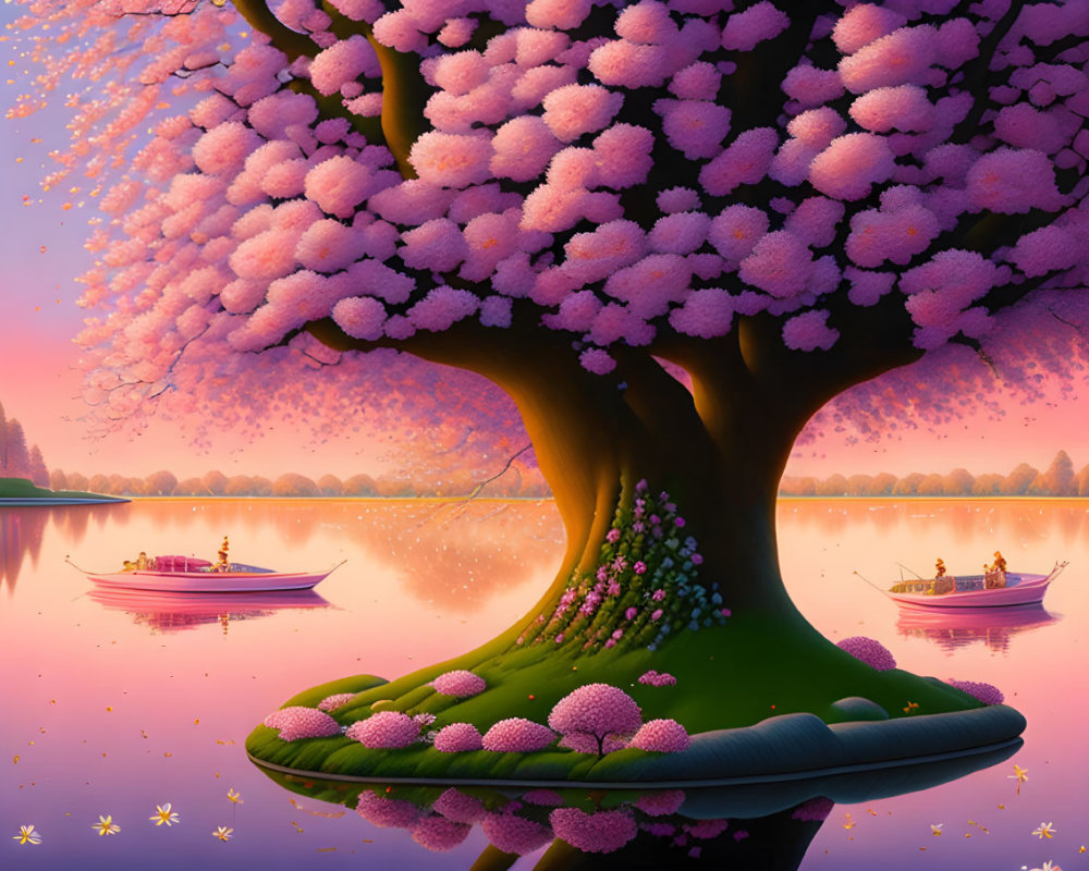 Colorful artwork: Huge pink tree by calm lake with boaters