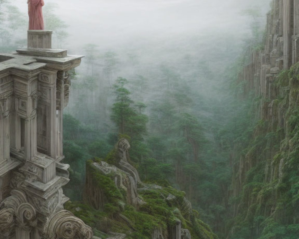 Person standing on ancient column in misty forest cliffside ruins