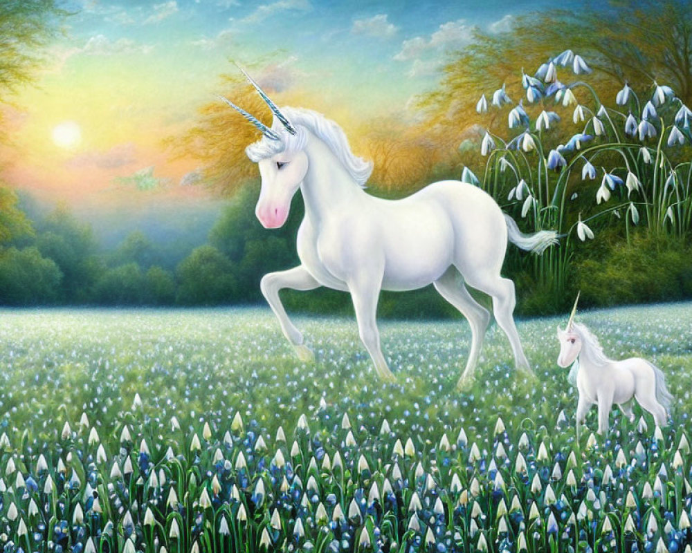 White unicorns in blooming field with lilies under dawning sky