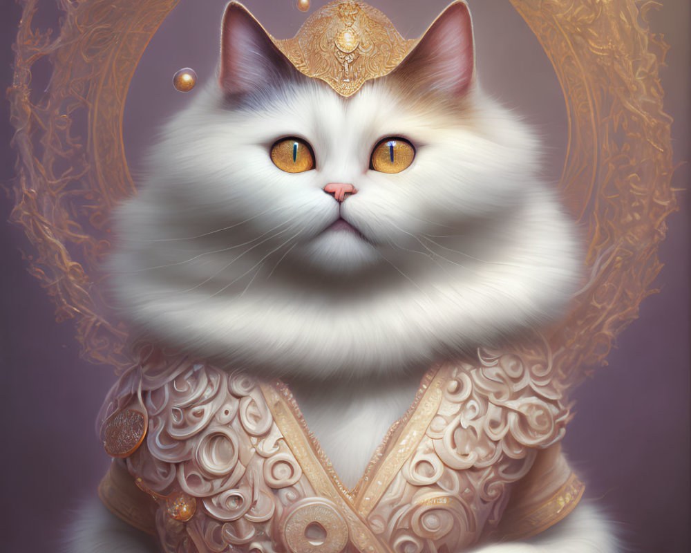 Fluffy White Cat in Gold Warrior Attire with Amber Eyes