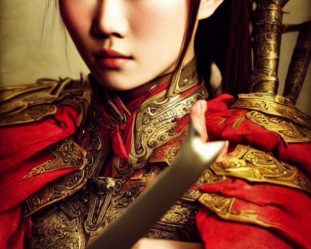 Woman in ornate ancient armor with sword and intense gaze in rich red and golden hues