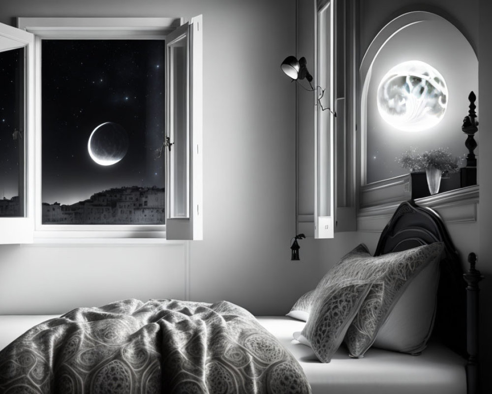 Nighttime monochrome bedroom with crescent moon view, patterned bedding, pillows, and wall lamp