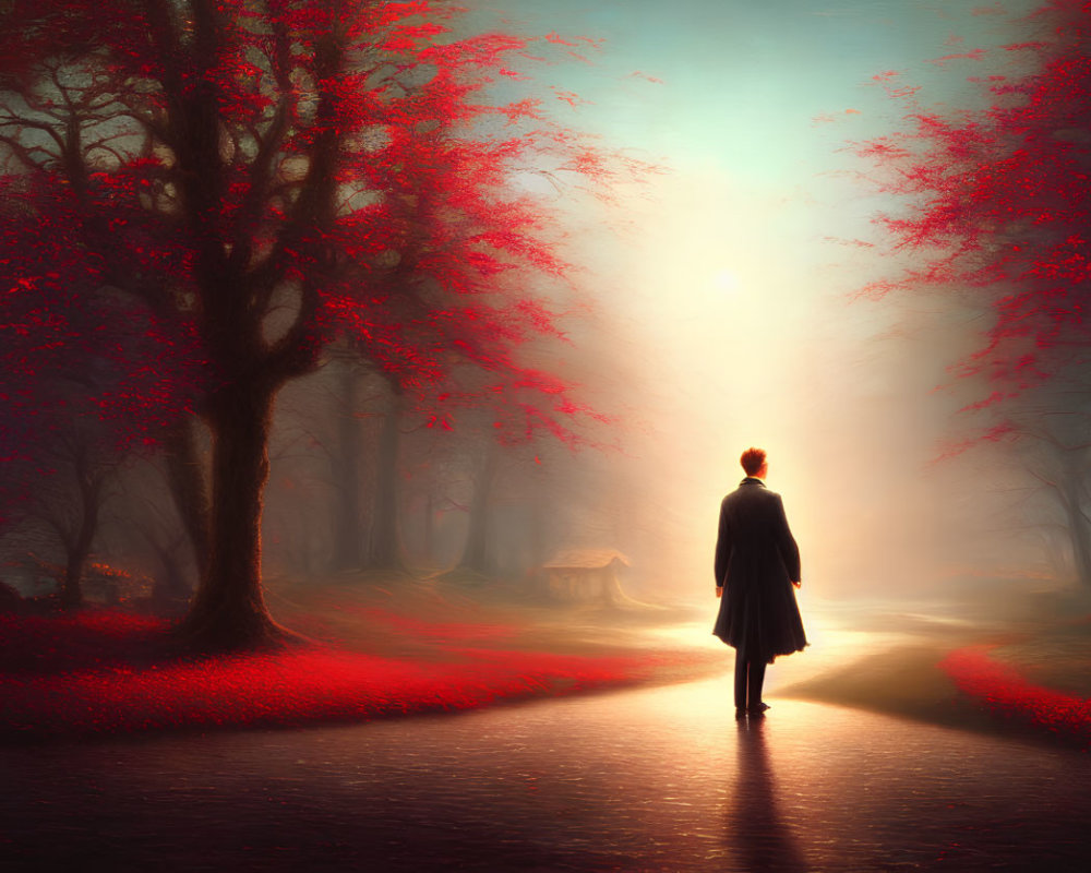Person in coat on misty path with red trees and bright light