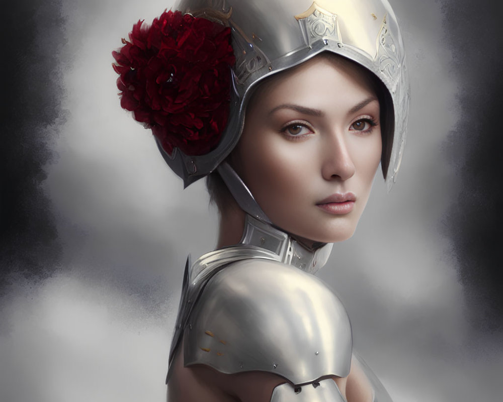 Digital artwork: Woman in silver knight's helmet with red flower on misty gray background
