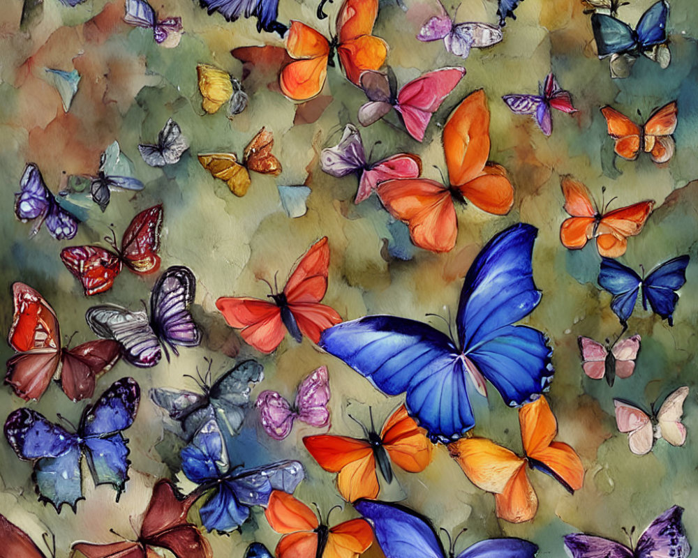 Colorful Watercolor Painting of Butterflies on Green and Yellow Background