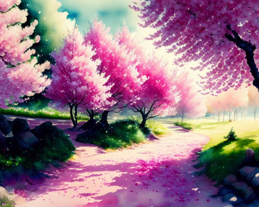 Colorful Cherry Blossom Path Illustration with Fallen Petals & Sunny Sky