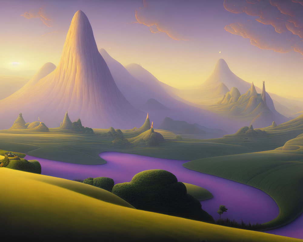 Surreal landscape with towering peaks, green hills, purple river, sunset sky