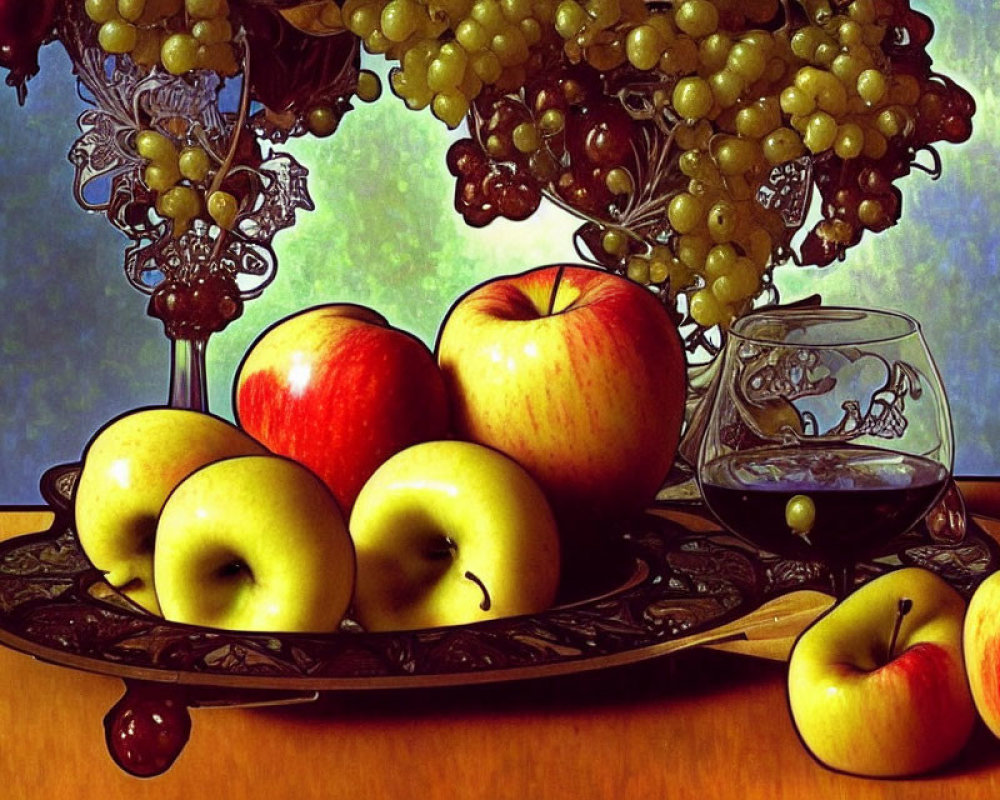 Colorful still life with apples, wine, grapes, and window view