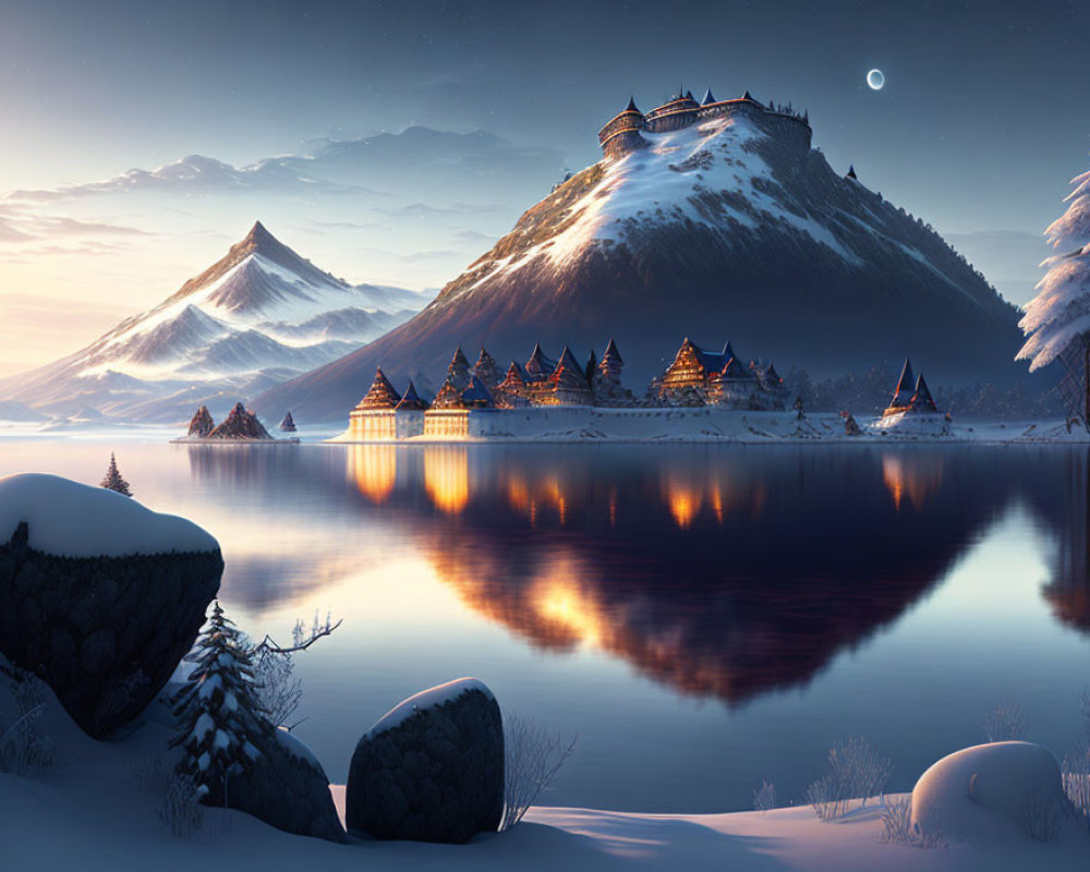 Winter village with illuminated houses by calm lake under crescent moon