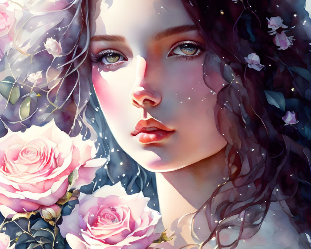 Serene woman with pink roses in digital art