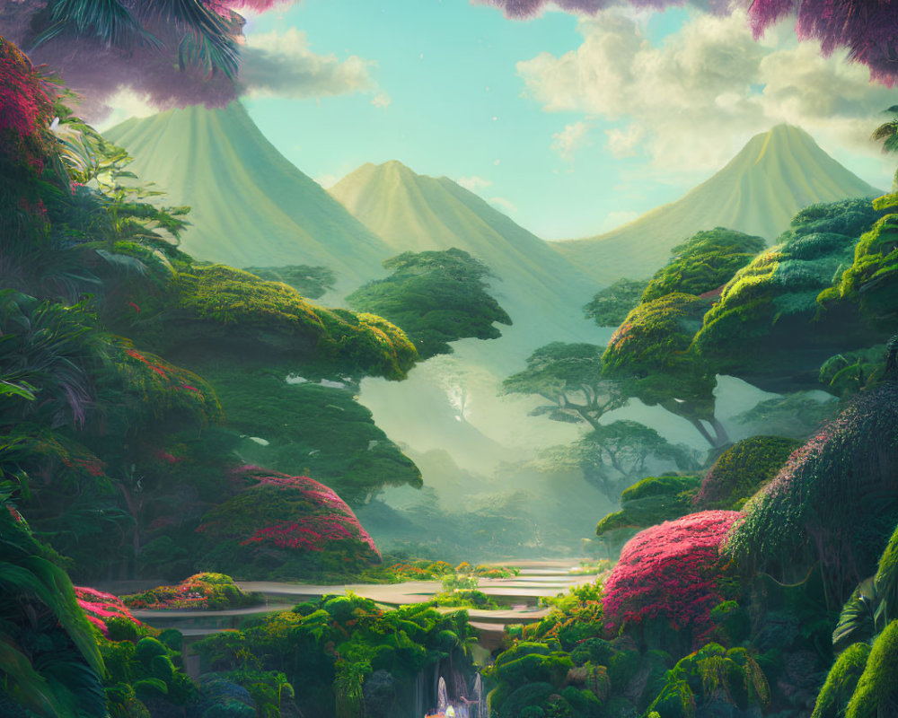 Vibrant fantasy landscape with colorful flora, twin peaks, and serene river