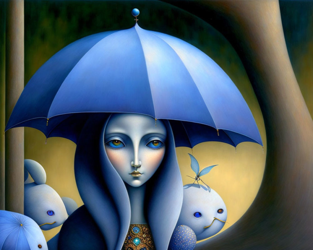 Surreal painting of pale blue-skinned figure with large eyes under blue umbrella, surrounded by blue