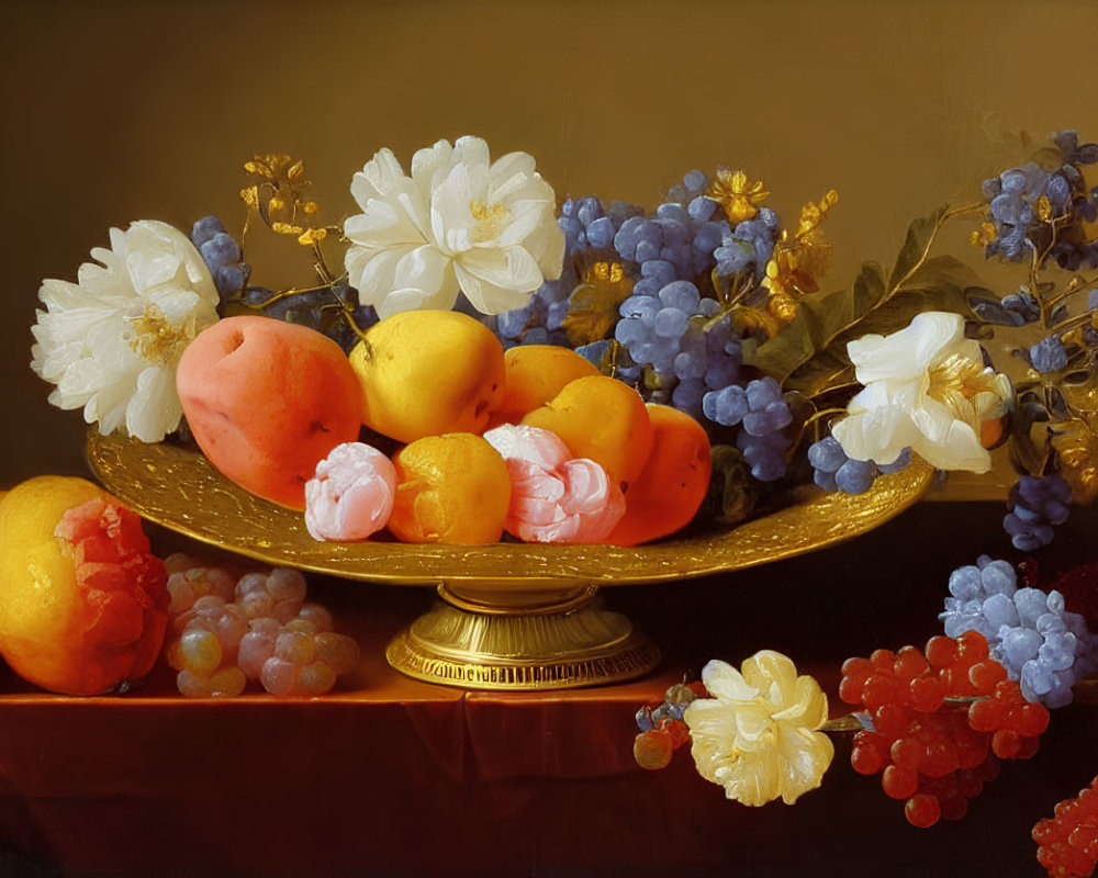 Classic still life painting of ripe fruits and flowers on golden platter