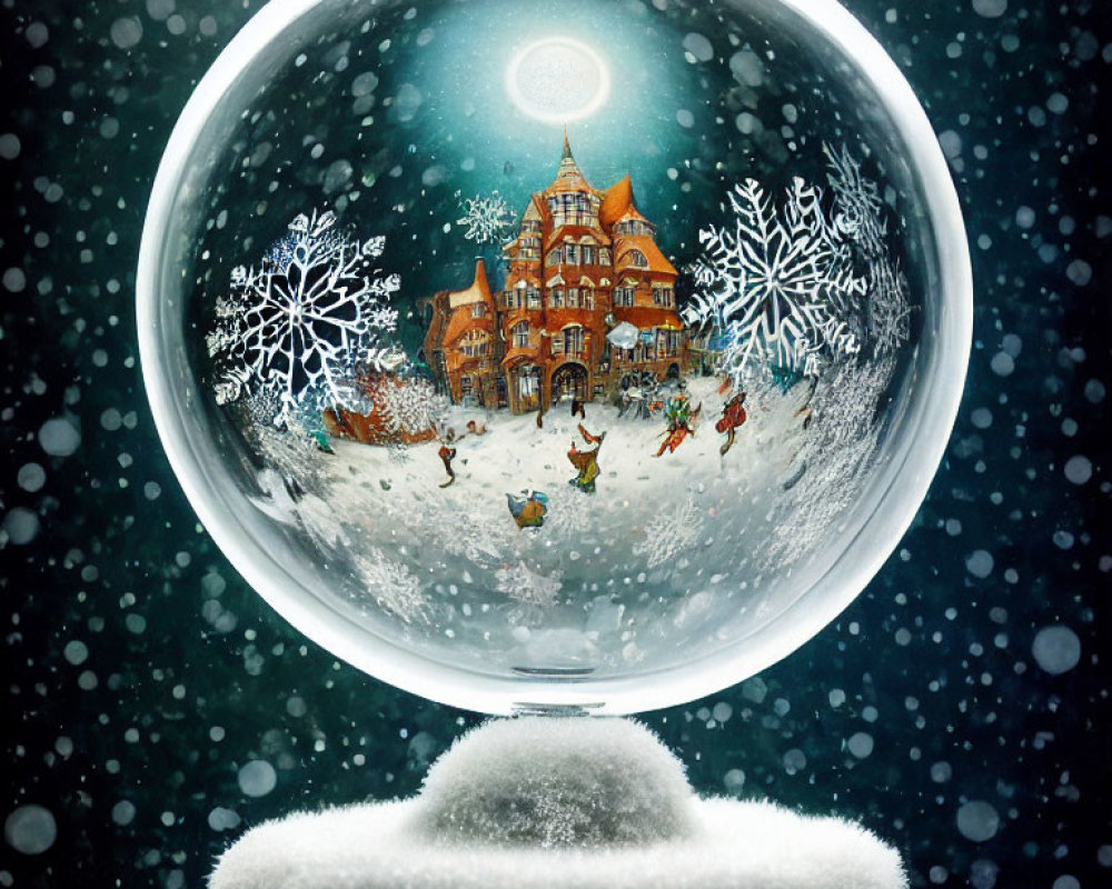 Winter Scene Snow Globe with Illuminated Cottage and Skating Figures