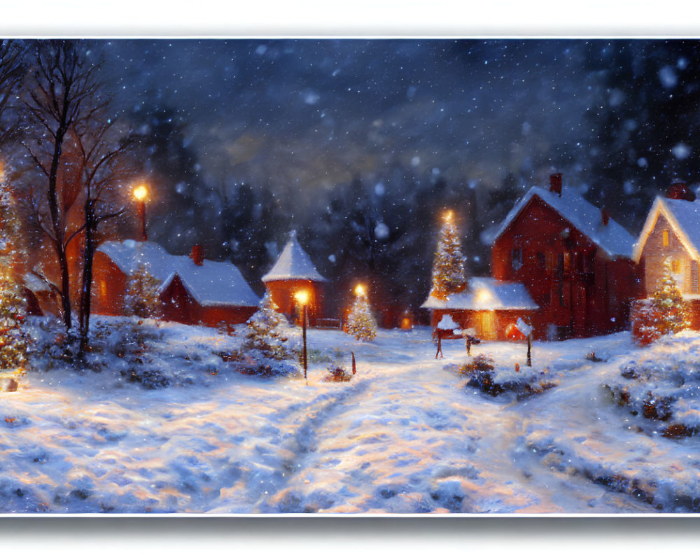 Snow-covered houses and glowing street lamps in a winter night scene