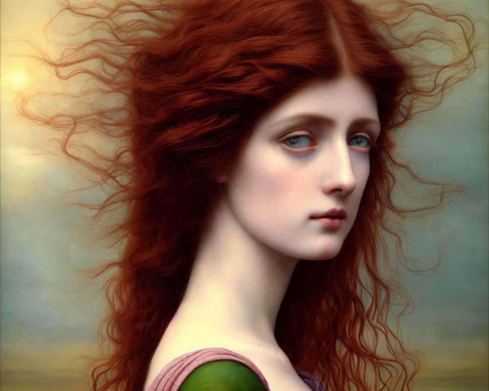 Portrait of Woman with Flowing Red Hair and Striking Blue Eyes