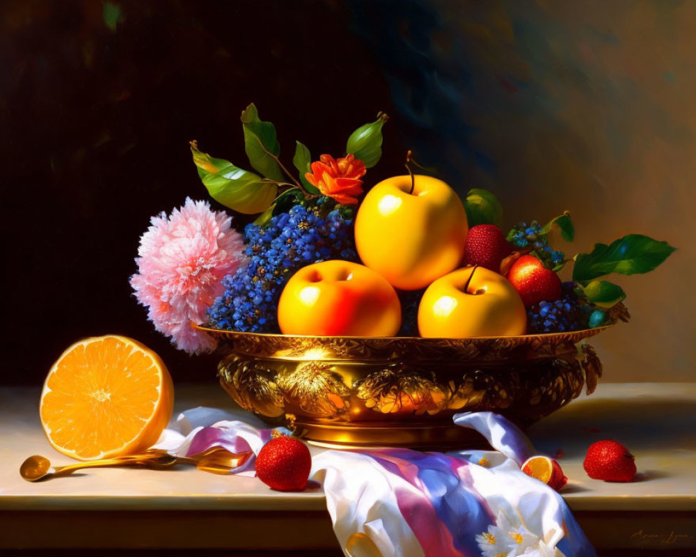 Golden bowl with fruit and flowers on table.