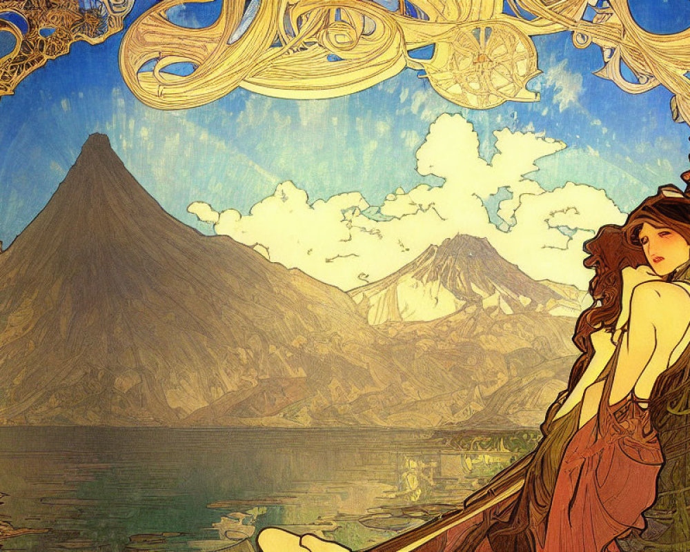 Art Nouveau Style Woman Illustration by Lake & Mountains