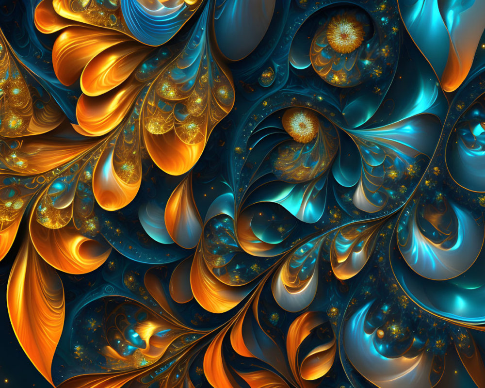 Detailed Blue and Gold Fractal Image with Swirling Patterns