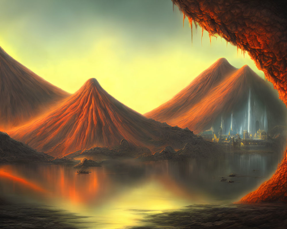 Symmetric Volcanoes and Futuristic City in Surreal Landscape