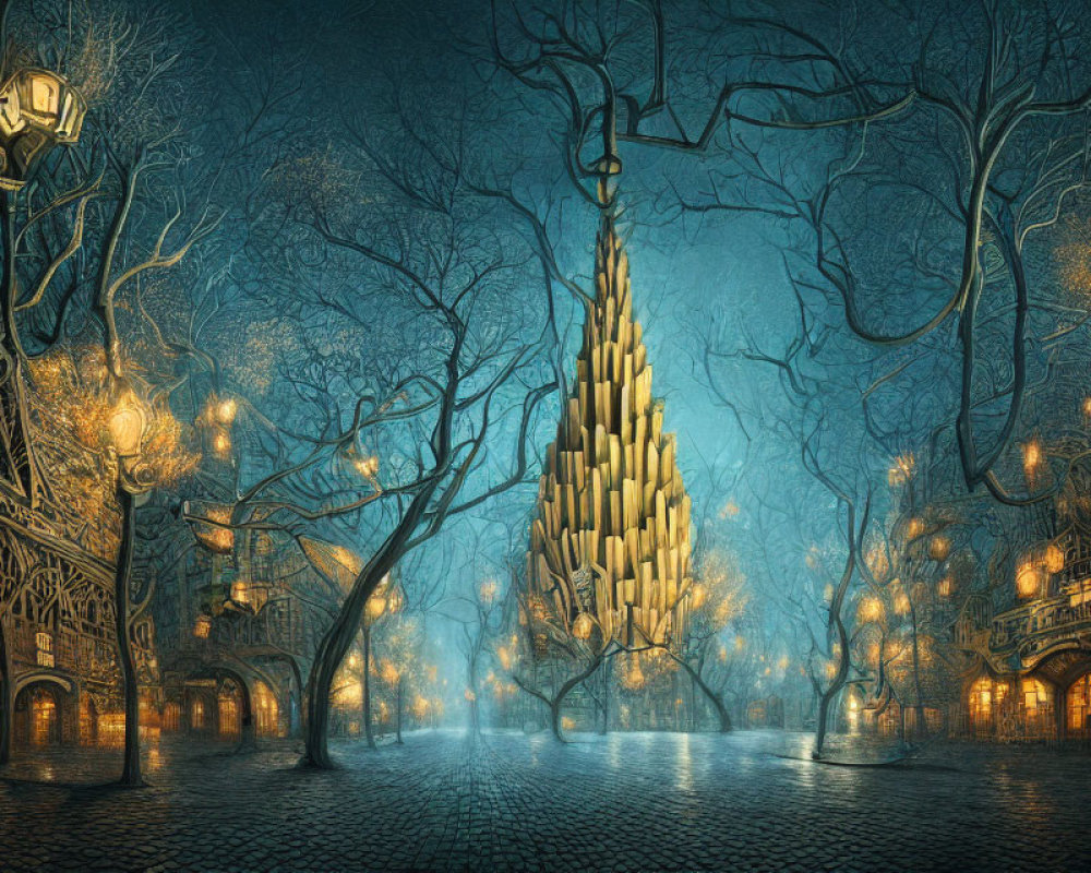 Fantasy-themed illustration of cobblestone square with glowing structure