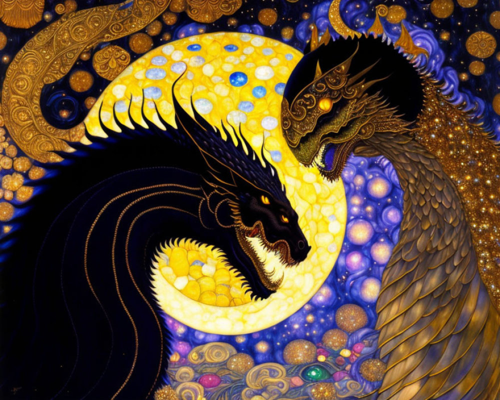 Colorful Black Dragon Artwork with Gold Details on Luminous Sphere