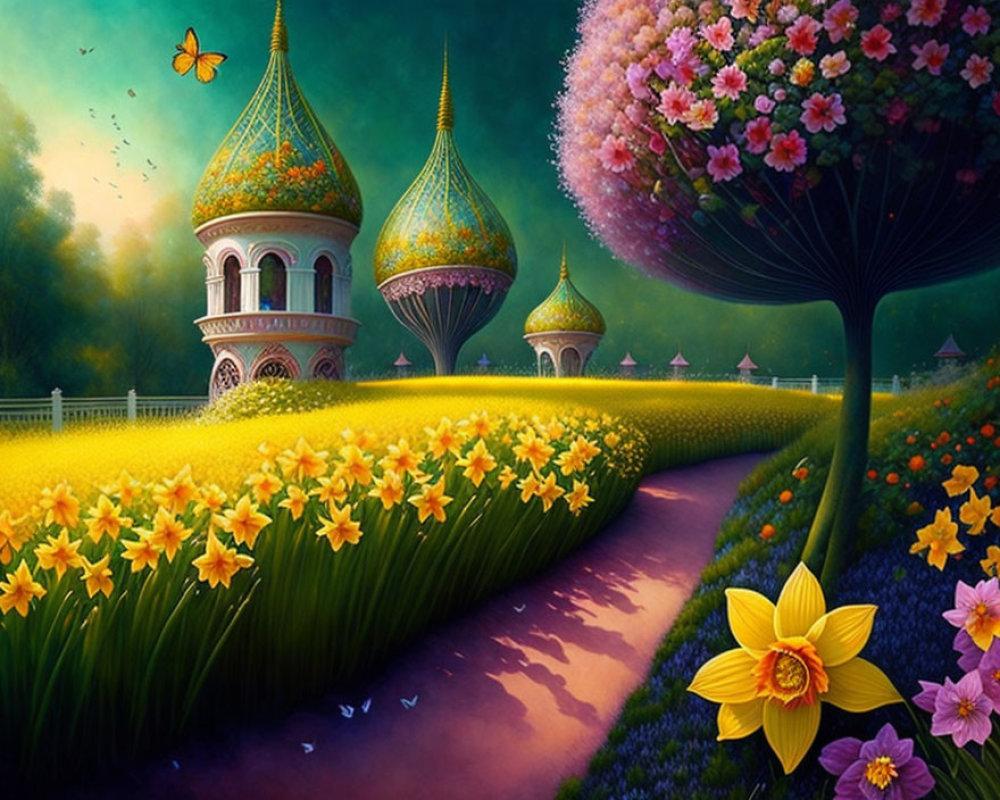 Colorful fantasy landscape with whimsical towers, yellow flower field, colorful tree, and butterfly.