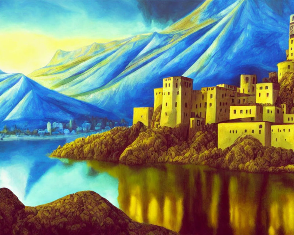 Scenic painting of lakeside village with yellow buildings and blue mountains