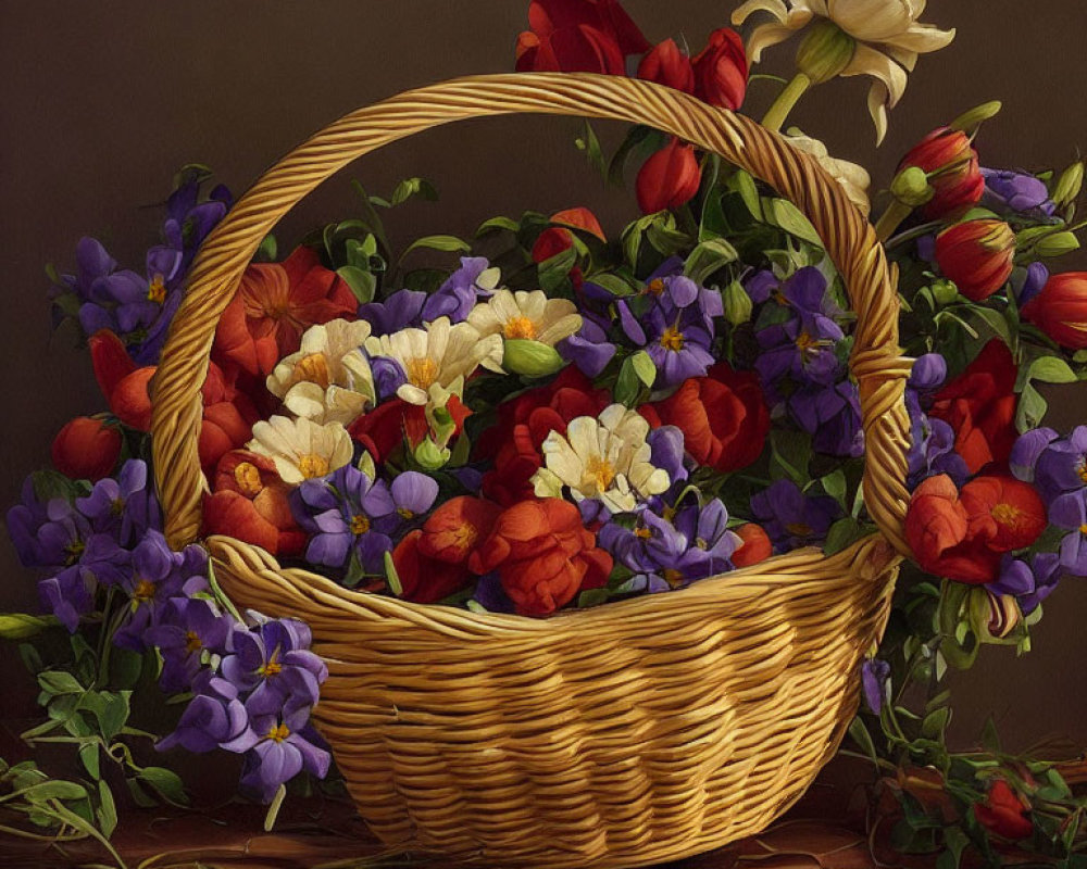 Colorful flower arrangement in wicker basket on dark background