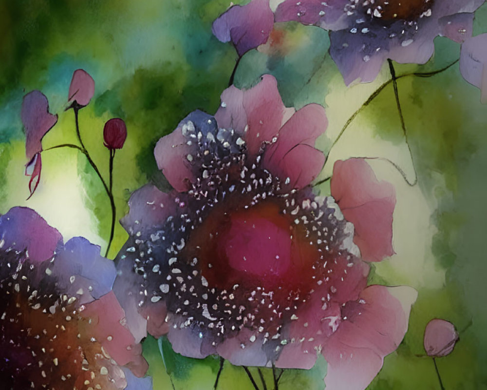 Delicate Pink and Purple Flowers in Watercolor