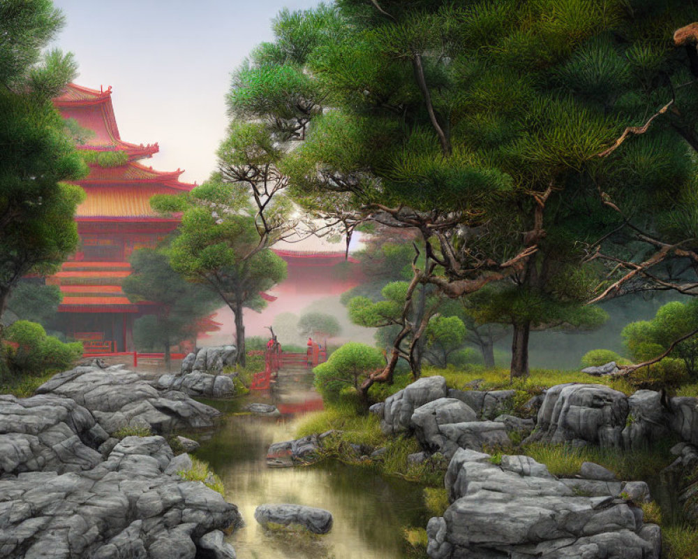 Traditional Asian Landscape with Red Pagoda, Bridge, and Stream