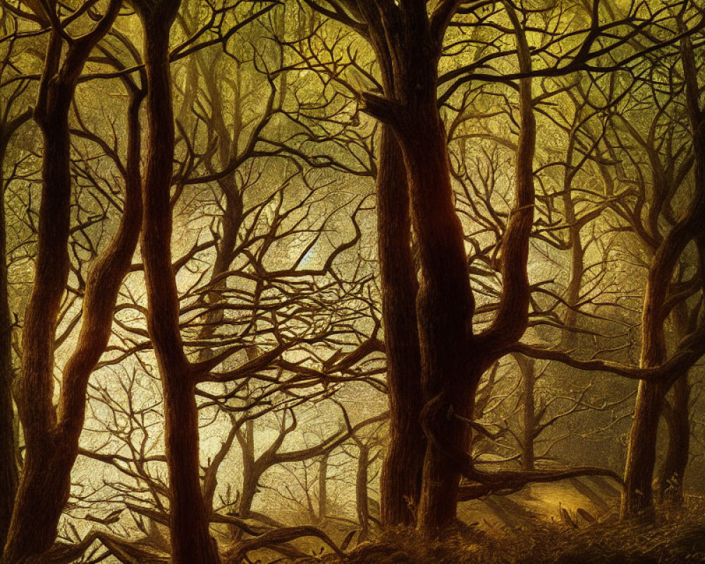 Mystical forest scene with bare intertwining branches in golden light