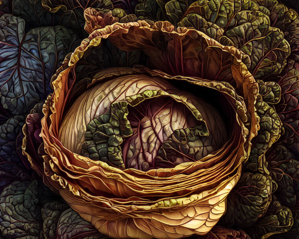 Detailed illustration of vibrant cabbage with spiraling core and lush leaves