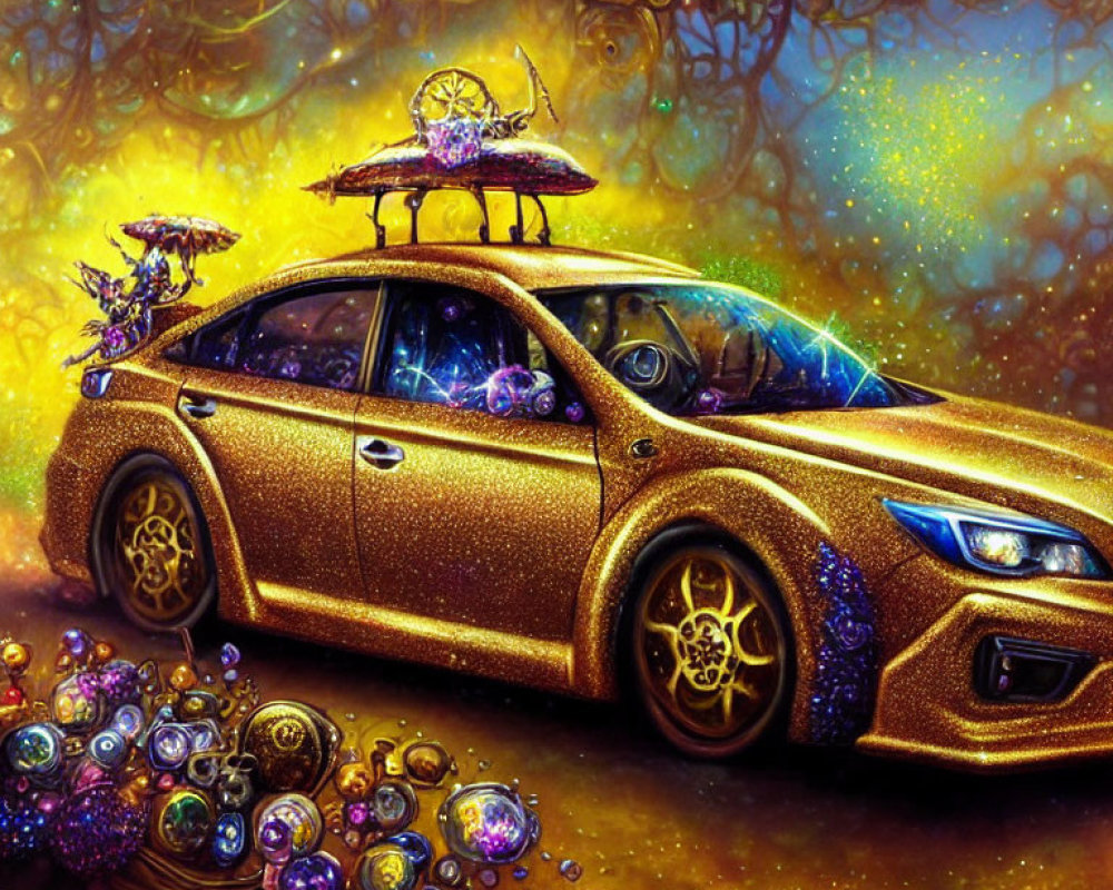 Golden Car with Intricate Designs Surrounded by Colorful Orbs and Alien-Like Purple Blooms