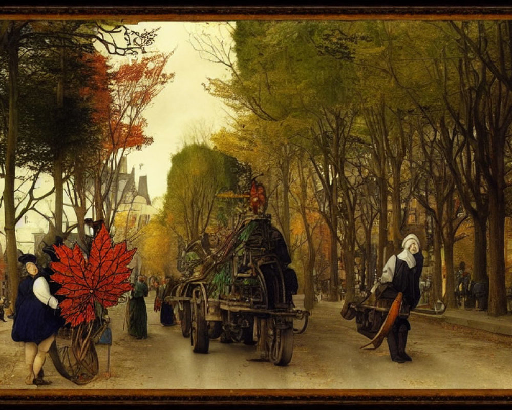 Traditional autumn street scene with horse-drawn cart and vibrant foliage