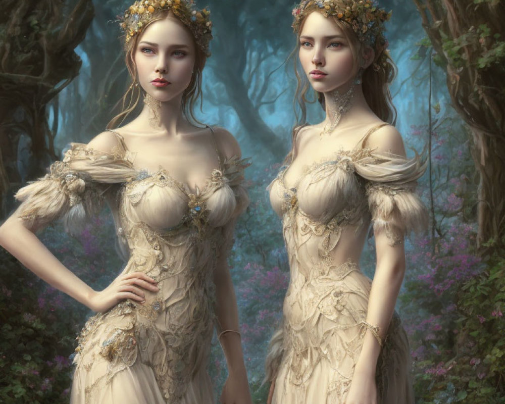 Ethereal women in nature-inspired dresses in mystical forest