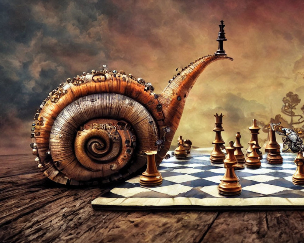 Mechanical spiral shell snail on chessboard under cloudy sky