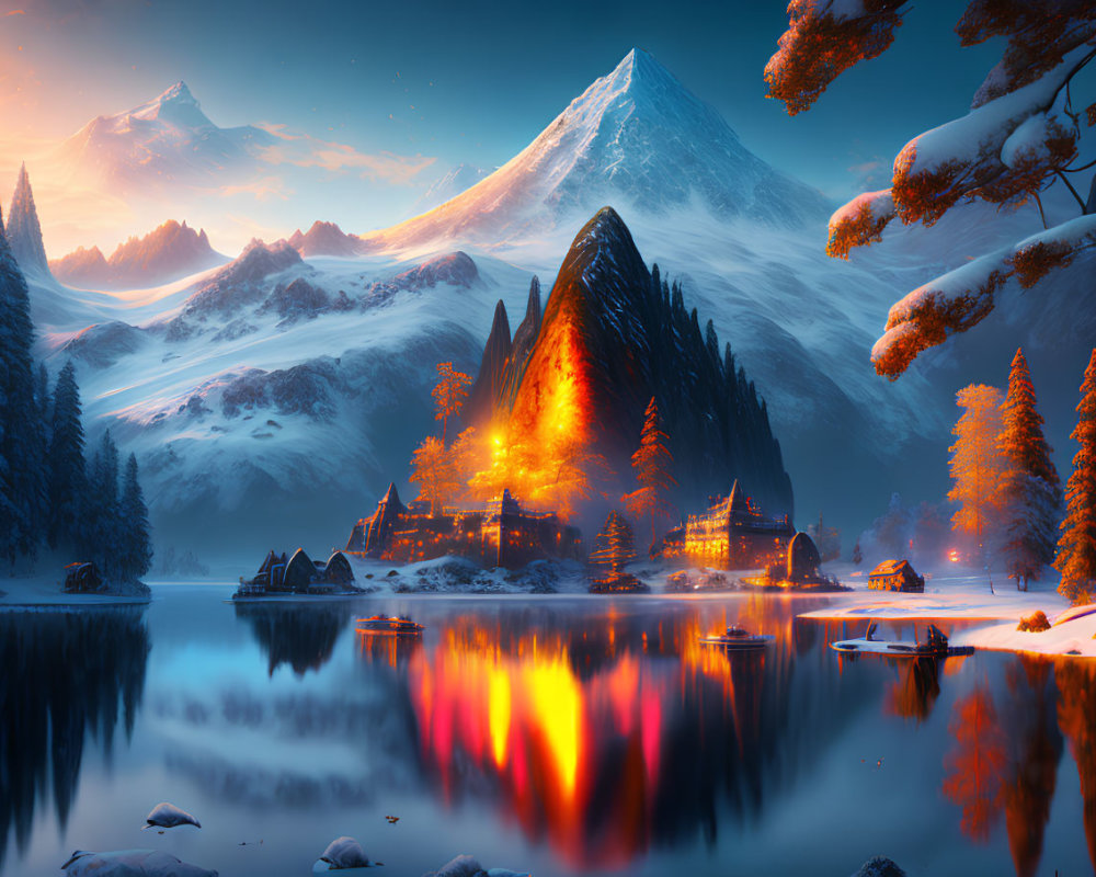 Snow-covered mountains and cozy cottages in serene winter dusk scene