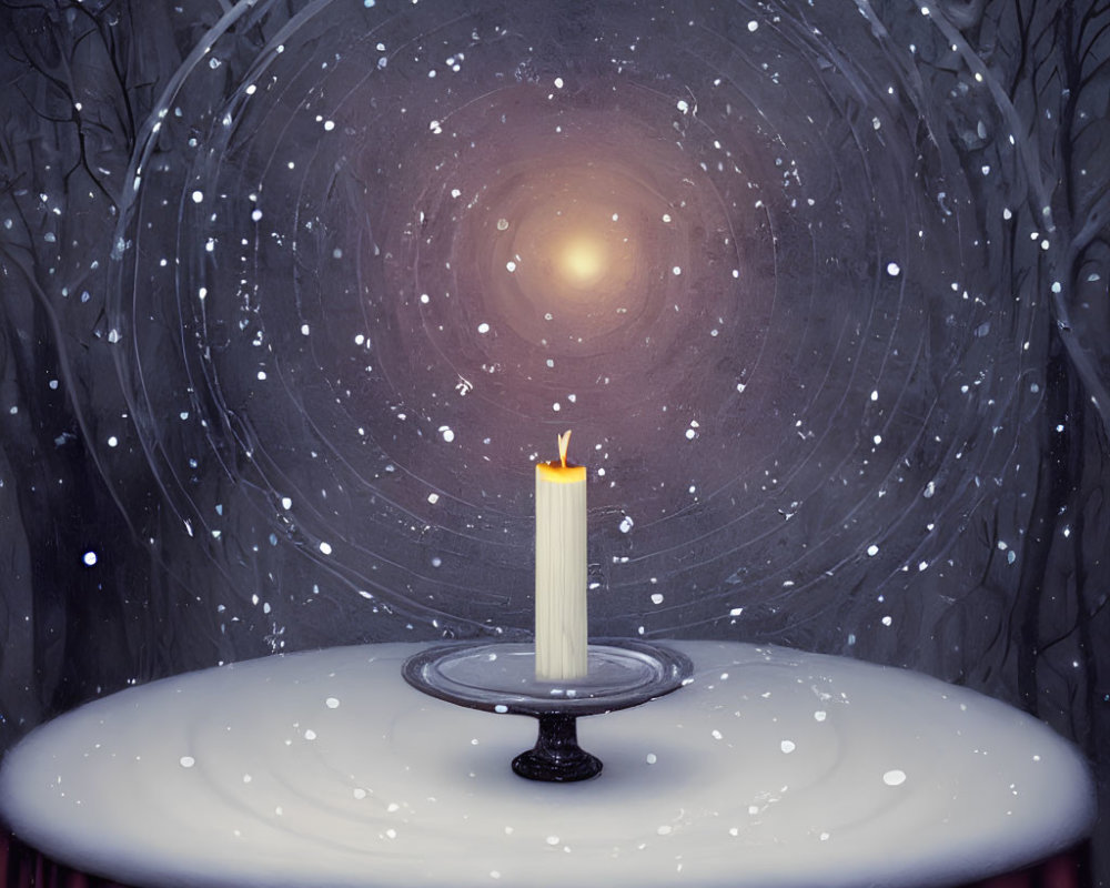 Snow-covered pedestal with burning candle and winter scenery