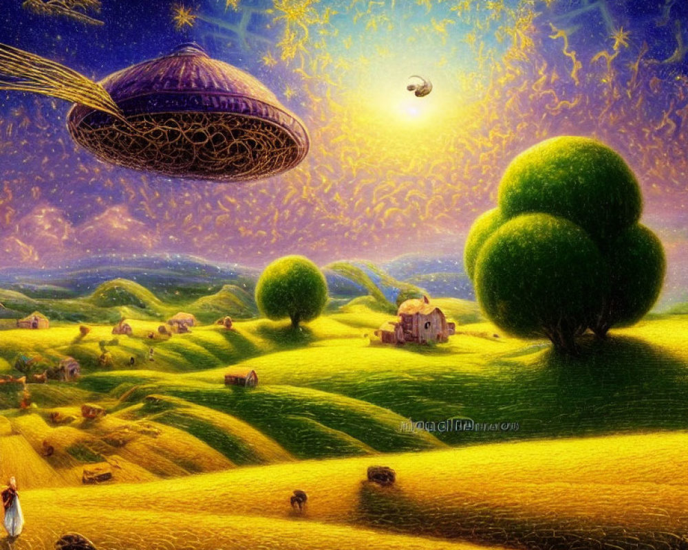 Golden hills, green trees, farmhouse, UFO, woman, dog under starry sky.