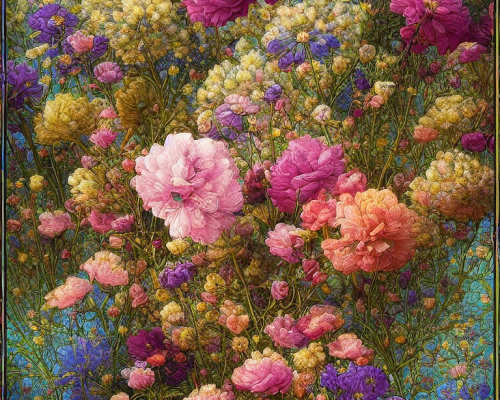 Colorful Pink, Purple, and Yellow Flowers on Blue Background