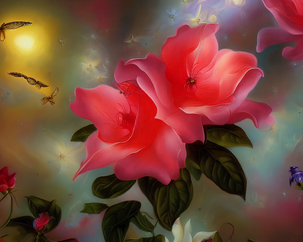 Vibrant digital art of red roses with dreamy backdrop and sparkling lights