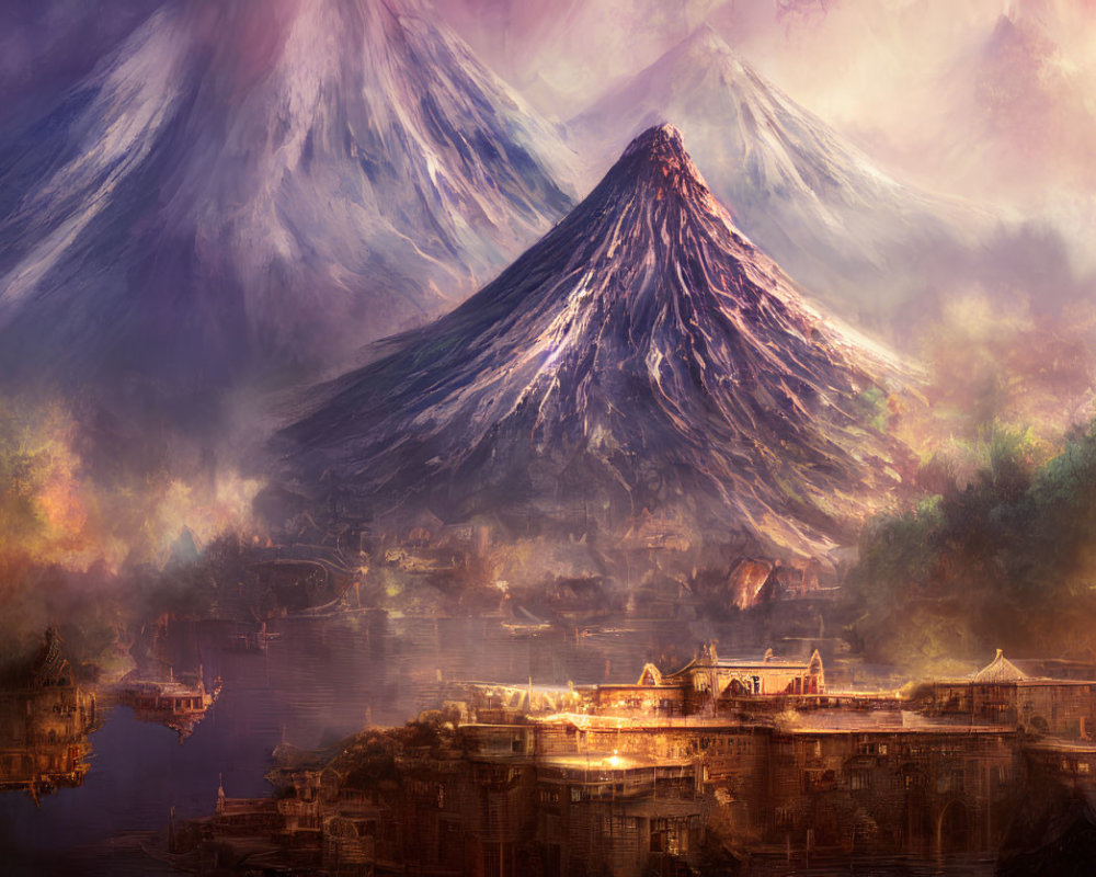 Fantasy landscape with ancient city, lake, snow-capped mountains, and golden sky