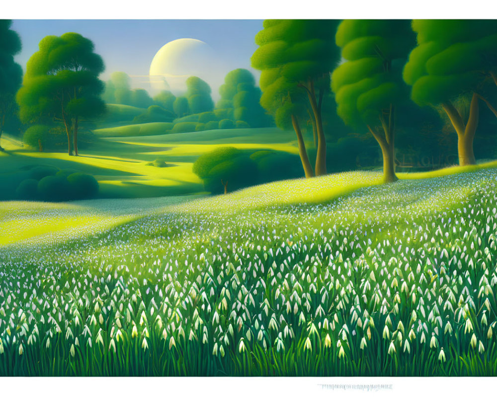 Tranquil landscape with green hills, white flowers, round trees, and setting sun