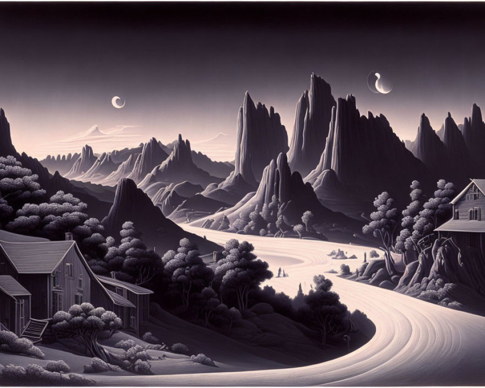 Monochrome landscape with winding road, trees, house, mountains, and night sky with crescent moons